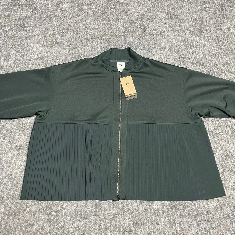 Nike Jacket‎ Womens Large Green Pleated Mixed Media Pleated Bomber Oversized